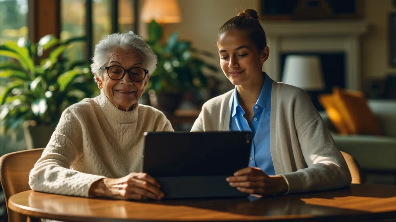 Un'anziana e un giovane tutor sorridono insieme davanti a un tablet