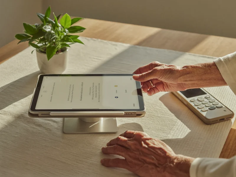 Le mani del tutor preparano tablet e telefono a tasti grandi